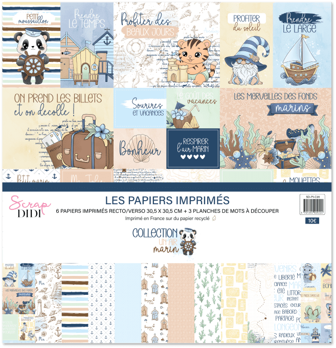 Kit de 6 papiers imprimés Un Air Marin Scrap Didi pour scrapbooking sur le thème de la mer et des va